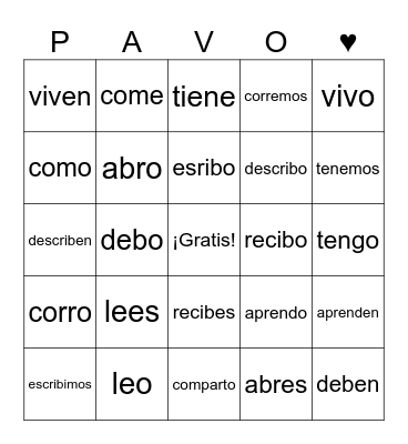 Er, Ir Verbs Bingo Card