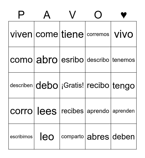 Er, Ir Verbs Bingo Card