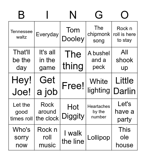 Strictly 50's Bingo Card