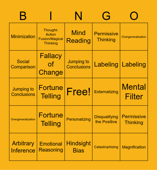 Thought Distortions Bingo Card