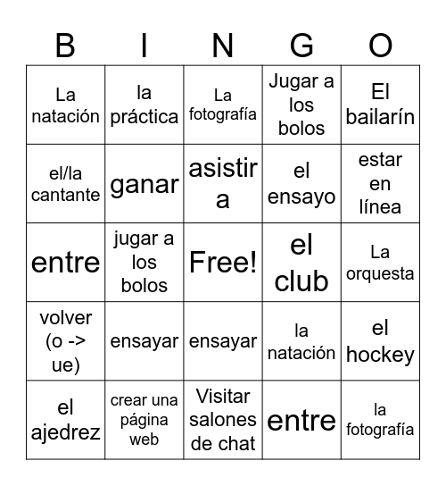 Realidades 2 1B Bingo Card