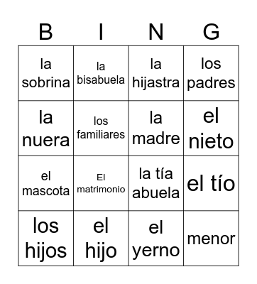 Family II Bingo Card