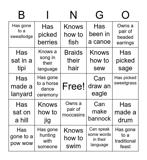 Children's Indigenous Bingo Card