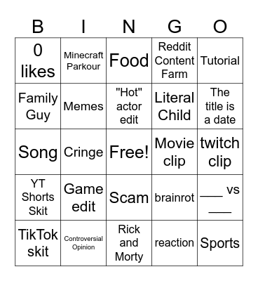 YouTube Shorts Bingo Card