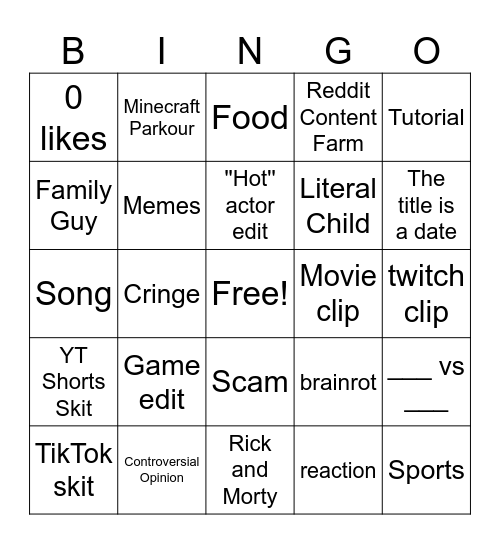 YouTube Shorts Bingo Card