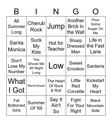 Classic Rock Bingo Card