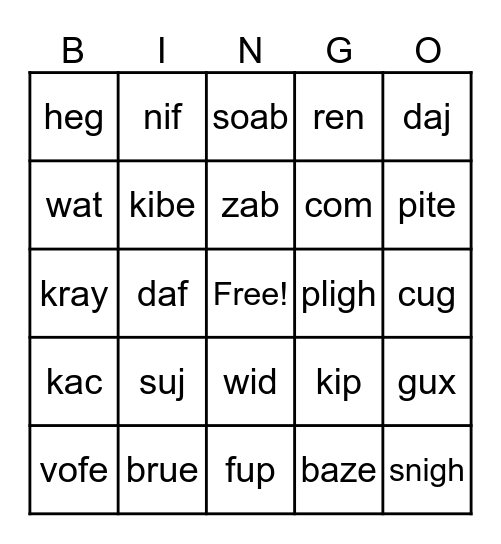 Nonsense Words Bingo Card