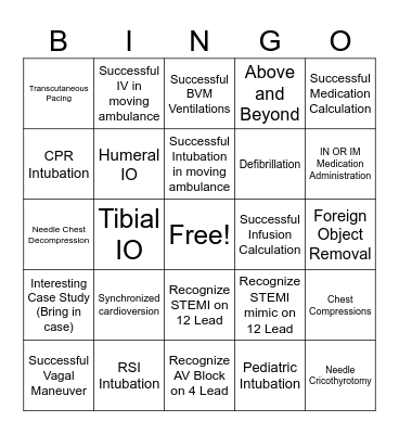 Clinical/Ride Time Bingo Card