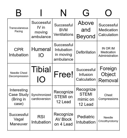 Clinical/Ride Time Bingo Card