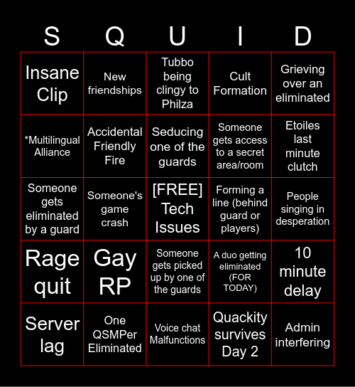 SQUIDCRAFT 3 DAY 2 Bingo Card