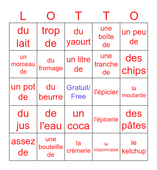 L'épicerie/Le supermarché Bingo Card