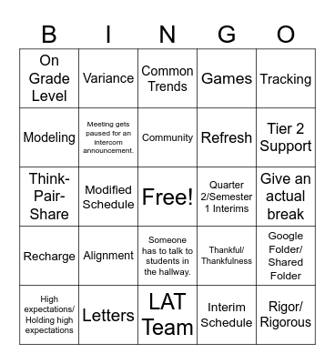 Staff Meeting Bingo Card