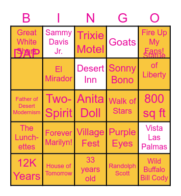 Palm Springs Tour Bingo Card