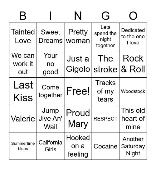 Remake of Hit Songs Bingo Card