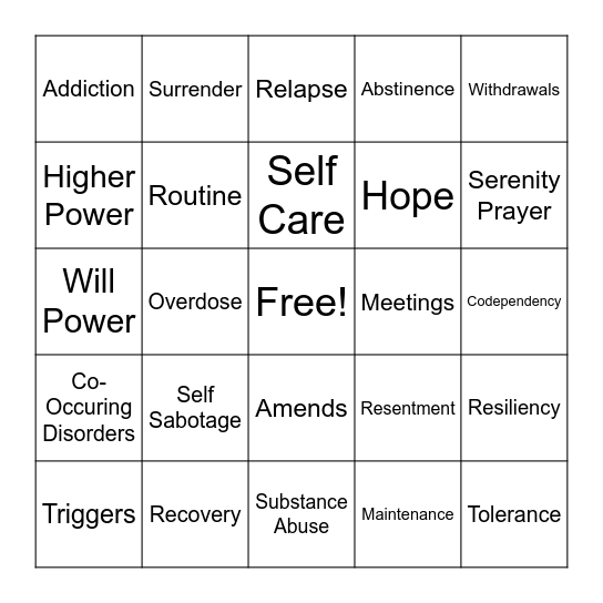 Addiction Bingo Card