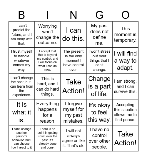 Radical Acceptance Bingo Card