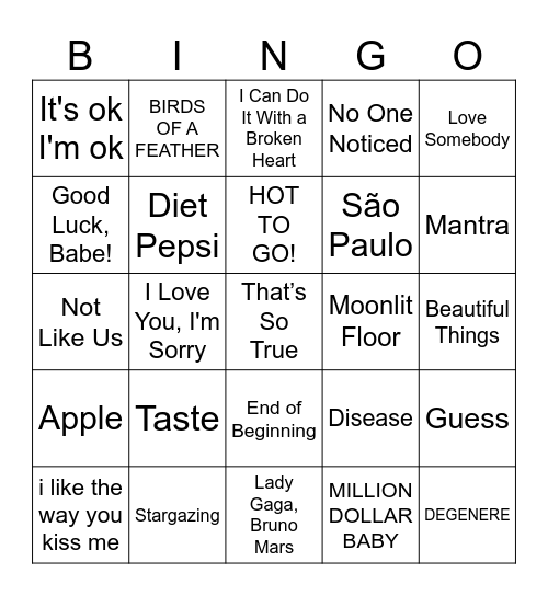 Todays TOP 40 Bingo Card