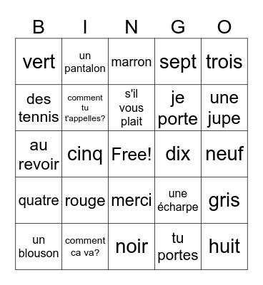 French Vocabulary Bingo Card