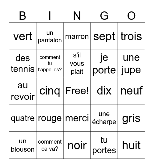 French Vocabulary Bingo Card