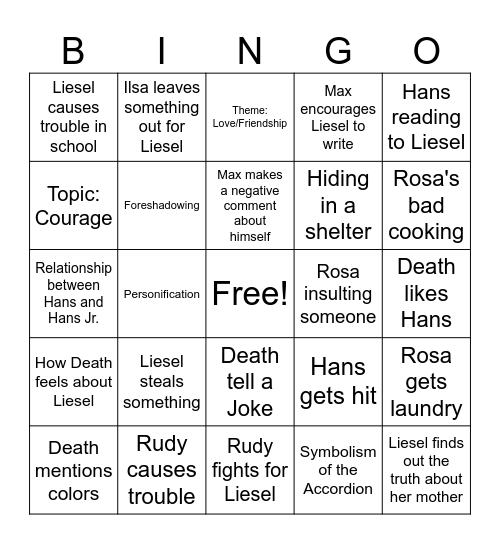 Book Thief BINGO 1 Bingo Card