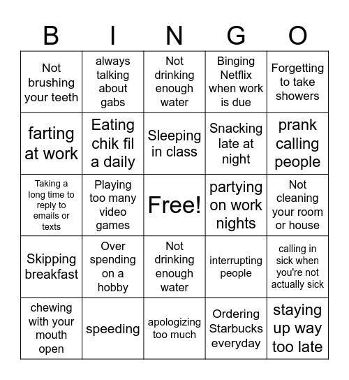 BAD HABITS BINGO Card