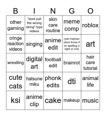 youtube shorts!! Bingo Card