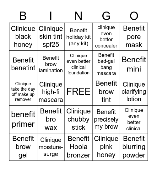 BENEFIT & CLINIQUE BINGO Card