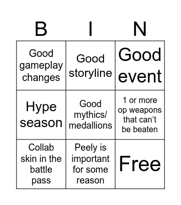 New Fortnite season Bingo Card