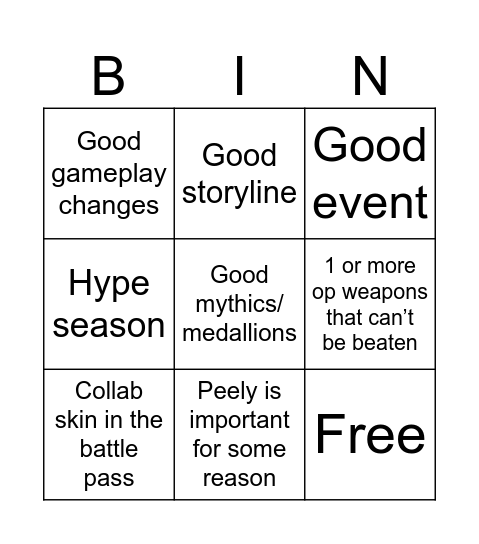 New Fortnite season Bingo Card