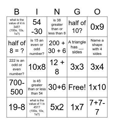3rd/4th beginning of school year math Bingo Card