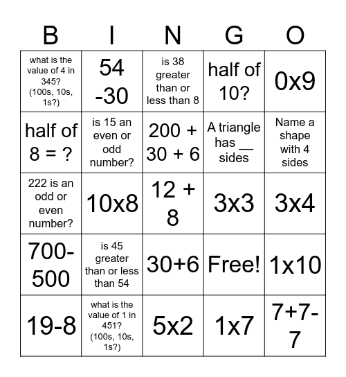 3rd/4th beginning of school year math Bingo Card