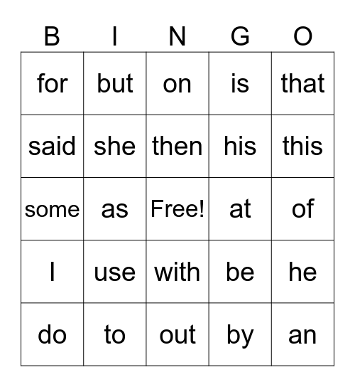 Sight Word Bingo Card