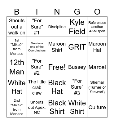 Aggie Football Hour with Mike Elko Bingo Card