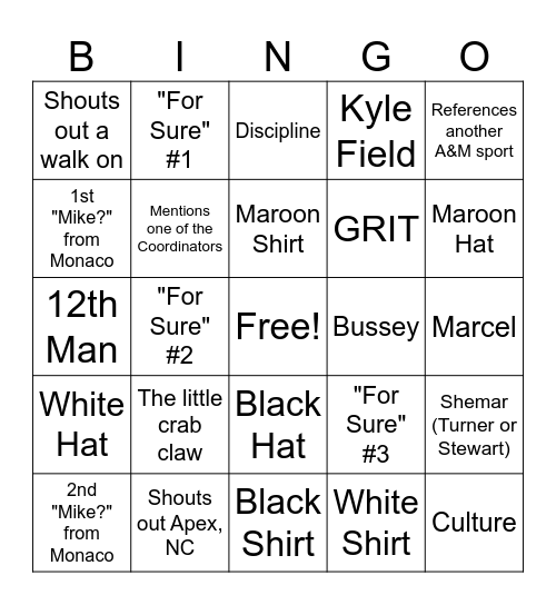 Aggie Football Hour with Mike Elko Bingo Card