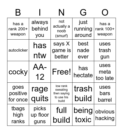 Noob Bingo Card