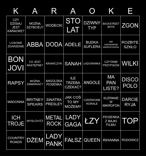 KARAOKE BINGO Card