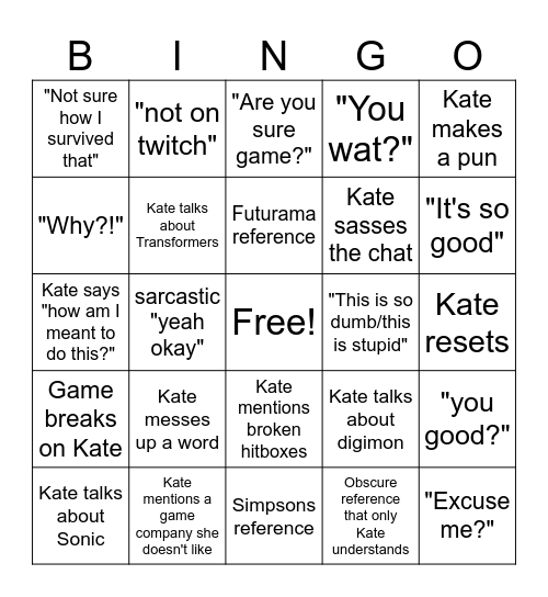 Kate Stream Bingo Card