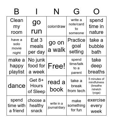 Self-Care Bingo for Kids Bingo Card