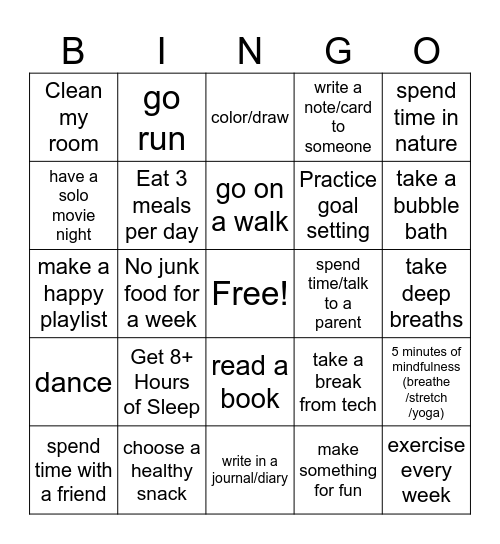 Self-Care Bingo for Kids Bingo Card