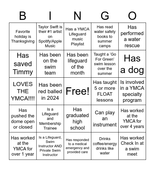 YMCA Lifeguard Bingo Card