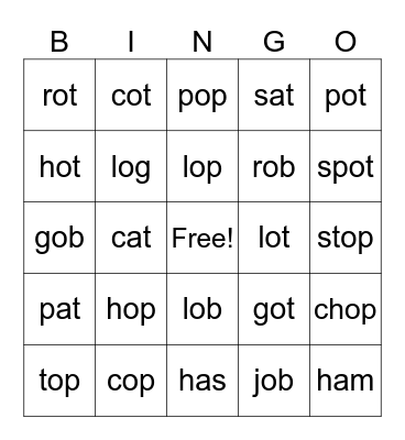 Spelling List Bingo Card