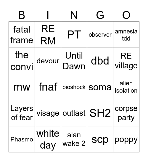 ign horror Bingo Card