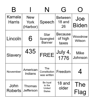 Citizenship Bingo Card
