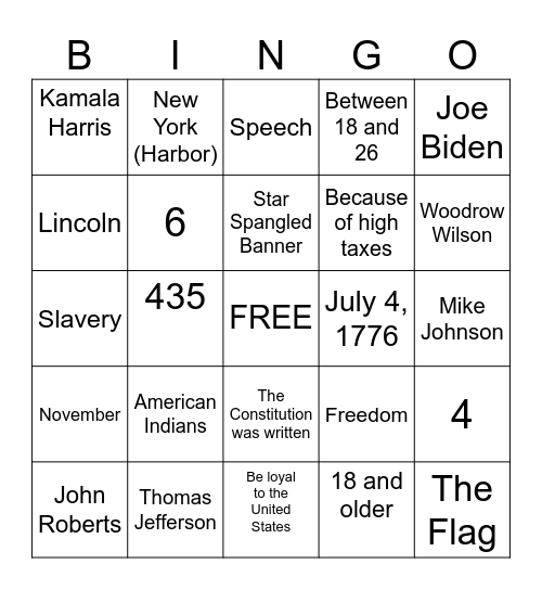 Citizenship Bingo Card