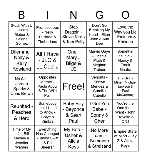 Duets Bingo Card