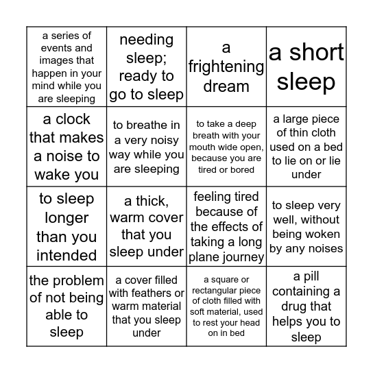 Sleepy Bingo Card