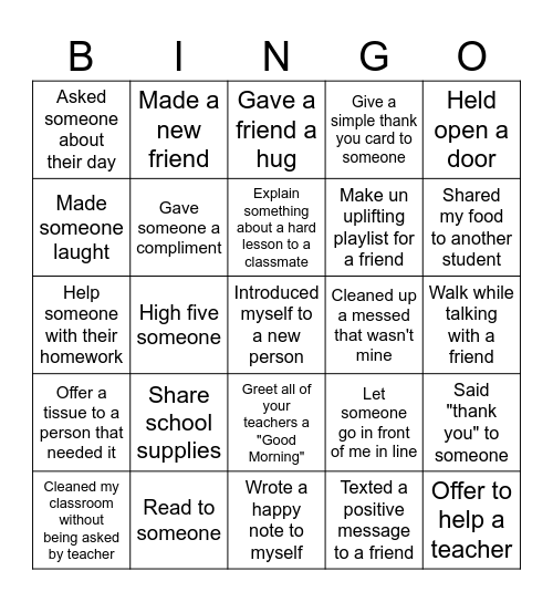 Act of Kindness Bingo Card