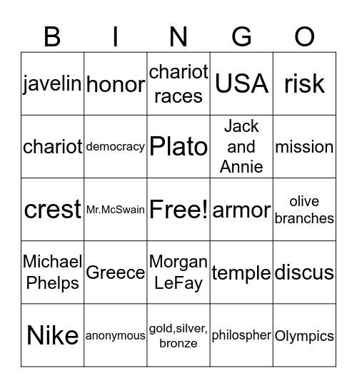 Hour of the Olympics Bingo Card