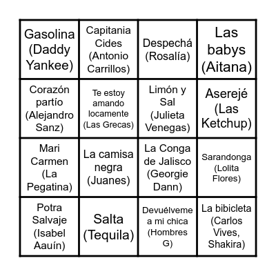 Bingo Musical Bingo Card