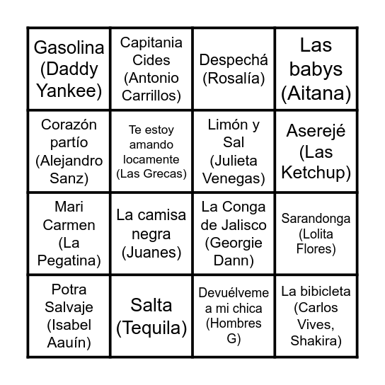 Bingo Musical Bingo Card